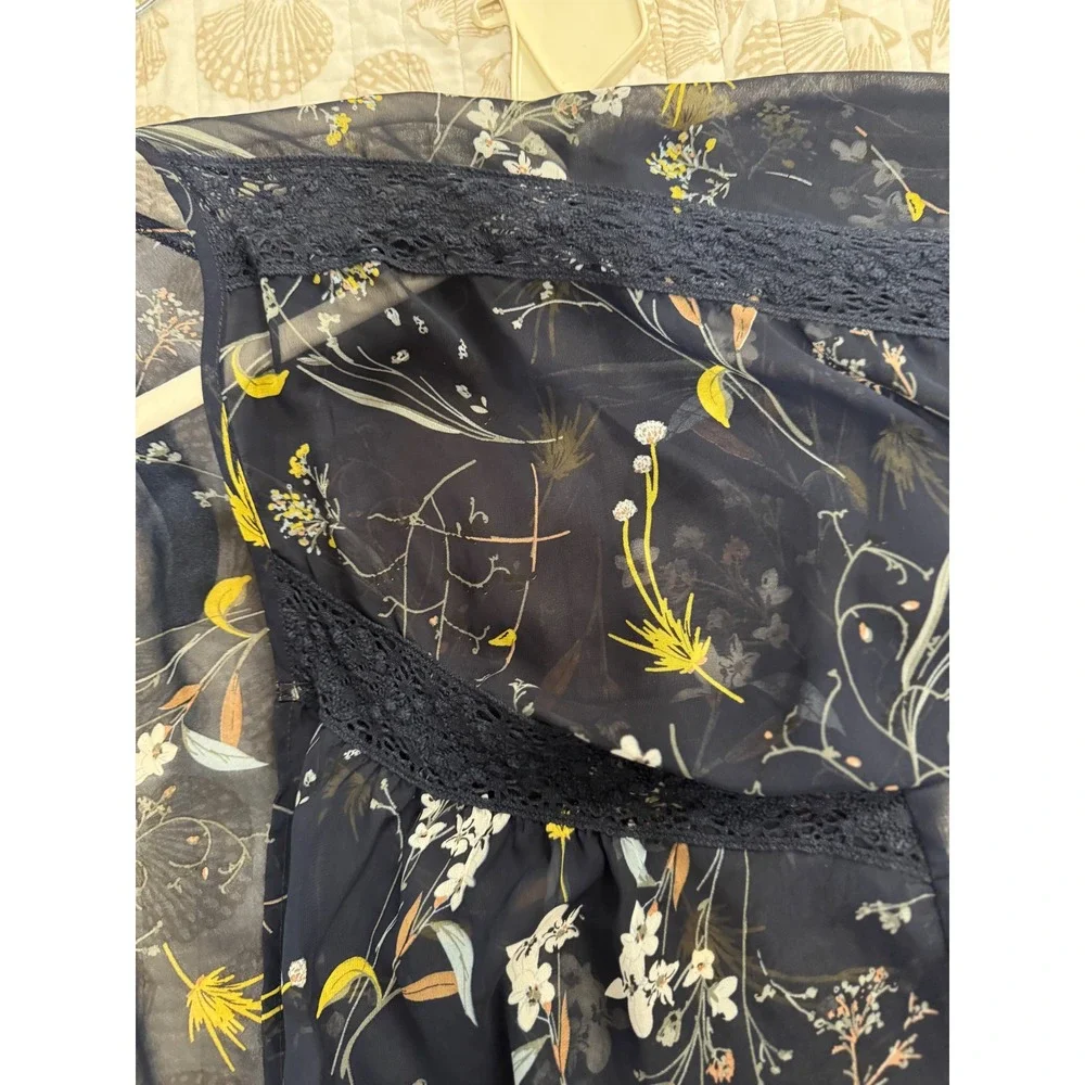 Before You Collection Navy‎ Blue Floral Chiffon Kimono Lace Trim Festival Layer